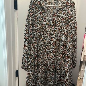 Leopard Tiered Casual Dress in Cream, Black & Orange